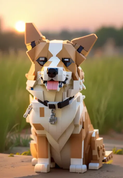 Lego dog sitting on the grass，The camera was in his mouth, legoshi from beastars, Made of LEGO bricks, Beast Star Legoshi, Very very detailed, Very high detail, Highly detailed toys, 描绘了一只Corgi犬, Voxel Art, Corgi, Extremely high detail, Super detailed, aut...