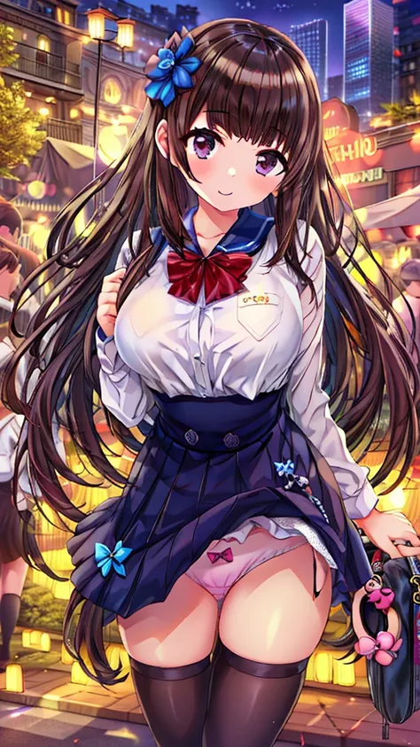 {Highest quality], [Super beautiful], [Ultra fine], [Best illustration], NSFW,Brown Hair, Hime cut, Long Hair, With bangs, girl,high school student,uniform,knit,skirt,smile, blush, Slender women, Adult women,Standing posture,(Public),Night Park,Summer fest...