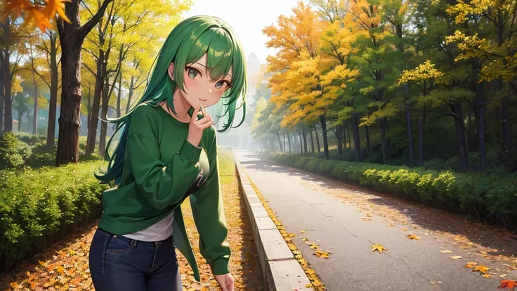 a girl with green hair, violet sweatshirt, autumn forest, perfect brown eyes, cinematic lighting, expression of joy, work of art, ultra definition, falling autumn leaves, half-length focus, pose on a corner of the image