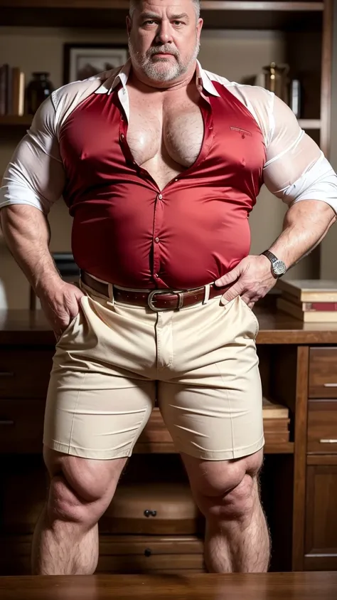 (best quality,4k,8k,highres,masterpiece:1.2), age 60, white man sheriff , horny disgusting, muscular chubby, kind, open red silk shirt , mature daddy, Dress Pants with big bulge, hairy chest hard nipple, belt, loafer,