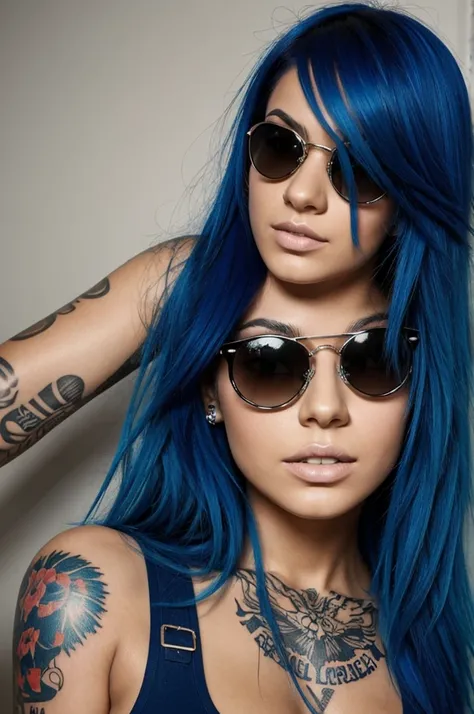 Chica rockera de cabello azul, lentes y tatuajes. 