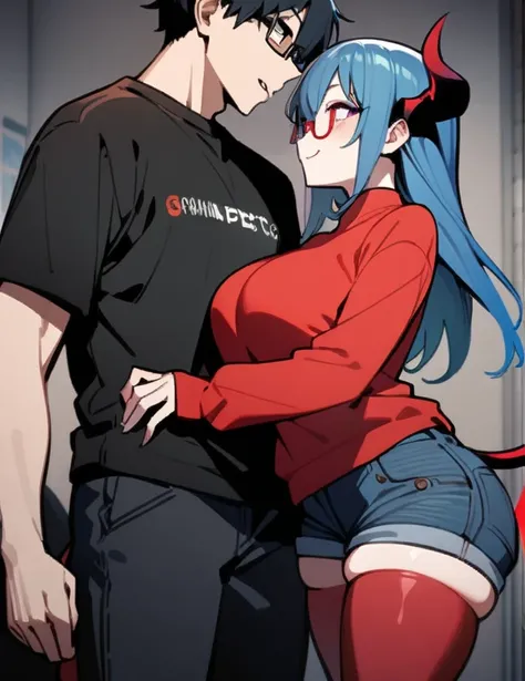 1 girl and 1 boy The girl: (masterpiece), best quality, expressive eyes, perfect hybrid succubus girl face, long cyan and blue hair, magenta eyes, glasses, happy, t-shirt similar to a black sports top, red thigh-high stockings, tail demon, golden necklace ...