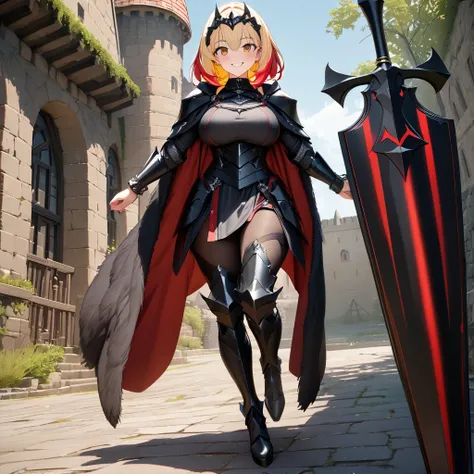 A woman wearing black heavy armor with red trim, black metal bracelet, black metal boots, holding a black shield, big breasts, short hair, blonde hair, red bangs, multicolored hair, brown eyes smiling, walking outside of a large medieval black castle, gray...