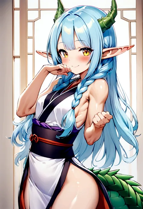 cute young girl, light blue hair, long hair, small braids hair, yellow eyes, dragon horn, dragon tail, elf ear, muscular body, small breast, sexy japanese outfit, cute pose, blushing, smile