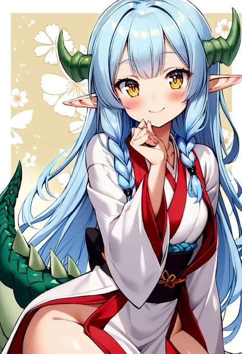 cute young girl, light blue hair, long hair, small braids hair, yellow eyes, dragon horn, dragon tail, elf ear, muscular body, small breast, sexy japanese outfit, cute pose, blushing, smile