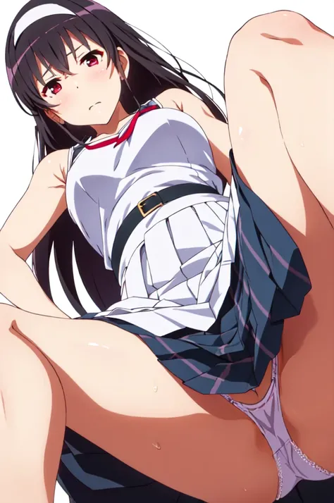 alone, One girl, View Viewer, 2D, anime, anime coloring, Upper Body, (Simple Background, White background:1.3),  utaha kasumigaoka, (((Skirt flip, I can see your panties)))，squat，From below，blush，Embarrassing， (( 指で膣を触ってMasturbationする)),Masturbation，orgasm...