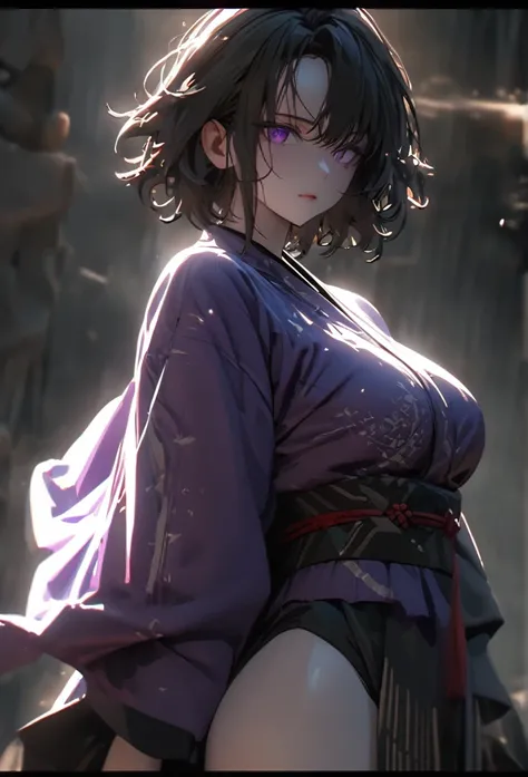 (solo), pitch black hair, messy hair, mane hair, short hair, dense hair, wild hair, expressive hai,(25 year old), pale skin, ((Female)), purple eyes, beautiful girl, wearing a black and purple kimono, thicc, beautiful, attractive, big breast, medium ass, Y...