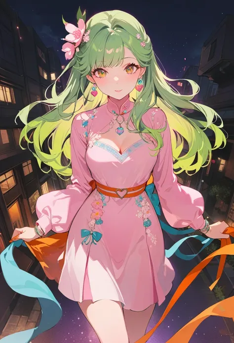 One girl,Taking a walk、Night Road、Stylish、In love, Green Hair, Long Hair, Retro costumes, , Hyper Pop, , Retro feel, overview, masterpiece, Highest quality,