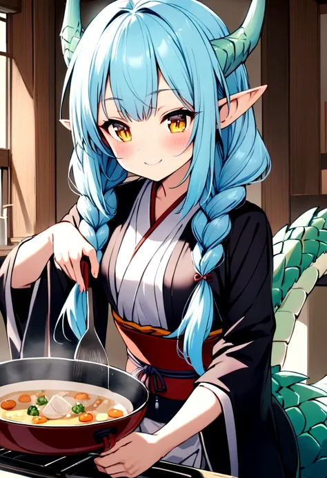 cute young girl, light blue hair, long hair, small braids hair, yellow eyes, dragon horn, dragon tail, elf ear, muscular body, small breast, sexy japanese outfit, cute pose, blushing, smile, cooking