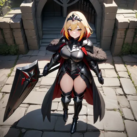 A woman wearing black heavy armor with red trim, black metal bracelet, black metal boots, holding a black shield, big breasts, short hair, blonde hair, red bangs, multicolored hair, brown eyes smiling, walking outside of a large medieval black castle, gray...