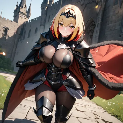 A woman wearing black heavy armor with red trim, black metal bracelet, black metal boots, holding a black shield, big breasts, short hair, blonde hair, red bangs, multicolored hair, brown eyes smiling, walking outside of a large medieval black castle, gray...