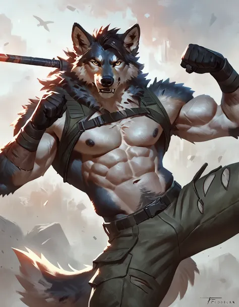 anthro wolf male warrior, concept art, solo, strong eyes, military pants, hi res, masterpiece, absurd res, 2023, extreme detail,...