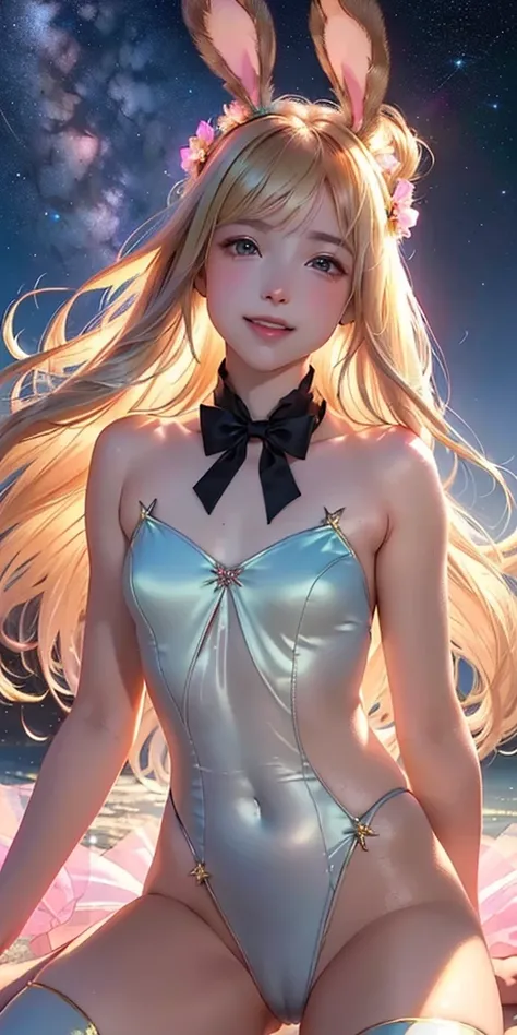 masterpiece, best quality, extremely detailed CG unity 8k wallpaper,((Upper Body)) ,((Upper Body head close-up shot of a beautiful little girl)), , Elegant Long straight blonde hair, (Mckenna Grace), ((flat chest,thighs,Autoluminescence Black skin)), (pink...