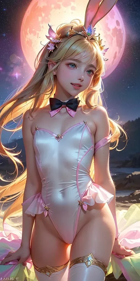 masterpiece, best quality, extremely detailed CG unity 8k wallpaper,((Upper Body)) ,((Upper Body head close-up shot of a beautiful little girl)), , Elegant Long straight blonde hair, (Mckenna Grace), ((flat chest,thighs,Autoluminescence Black skin)), (pink...