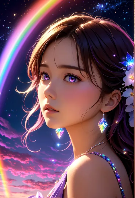 masterpiece, Cute girl, Break, Purple evening dress, High detail face, Upper Body, glare, Rainbow Colors, Global Illumination, Soft Light, Light of Dreams, number, 8K Close-up, fantasy, Night Sky, Star, nebula, White crystal, moonlight, peaceful, summer, (...