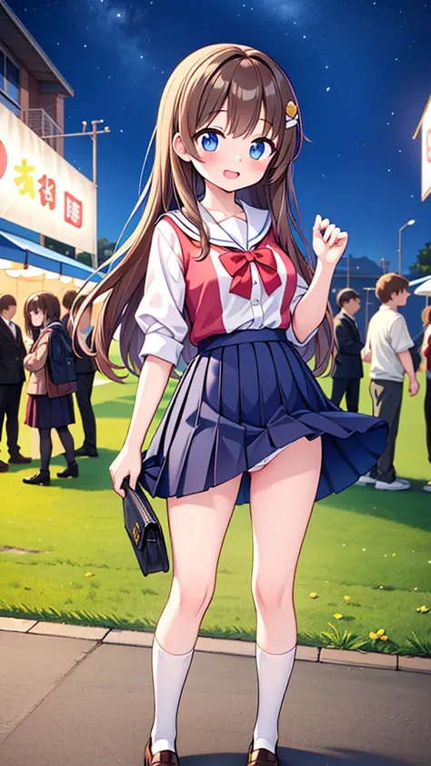 {Highest quality], [Super beautiful], [Ultra fine], [Best illustration], NSFW,Brown Hair, Hime cut, Long Hair, With bangs, girl,high school student,uniform,knit,skirt,smile, blush, Slender women, Adult women,Standing posture,(Public),Night Park,Summer fest...