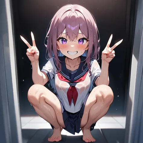 nsfw,1girl,masterpiece, best quality, very aesthetic, absurdres ,embarrassing, (wet:1.3), V sign,double v,school sailor uniform,squatting,straight-on,cute,happy smile,beautiful detailed eyes,barefoot,perfect body,human,purple eyes,(Climax:1.5),(soles focus...