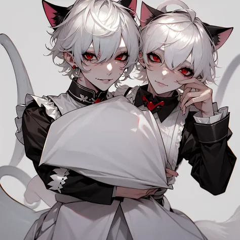 Cute, white hair, red eyes, pale skin, white eyelashes, boy, male, Femboy, maid dress, maid porn, cat ears, cat tail, no underwear, anime