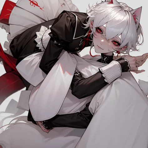 Cute, white hair, red eyes, pale skin, white eyelashes, boy, male, Femboy, maid dress, maid porn, cat ears, cat tail, no underwear, anime