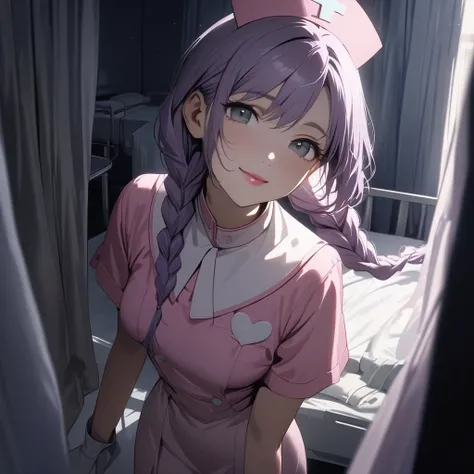 (Cute a girl:1.5), (a girl with closs hair pin,pale purple hair,wavy two braids,bluntbangs hair,green and black eyes,
Pink nurse uniform, pink nurse cap, beige pantyhose, white shoes, bright hospital room, girl closed the curtains,pink lips,night lit, :1.4...