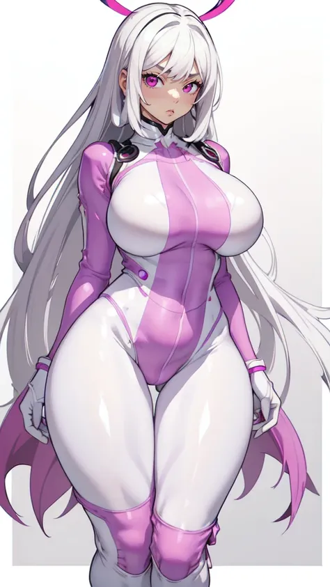 (masterpiece), best quality, expressive eyes, perfect face, (muscular:0.8), silver hair, (big breast:1.1), (curvy:1.1), ((blank background)), ((full body framing)), (thick thighs:1.2), ((big legs:1.6)), Straight hair, (fuchsia and white bodysuit:1.8), fema...