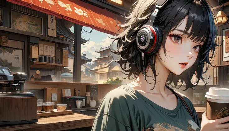 ((8k highly detailed CG units, masterpiece, High resolution, Highest quality, Highest quality real texture skin)), (((Shoot in the back))), (Wearing Japanese-style headphones), ((1 Girl)), ((Drinking coffee in a cozy cafe)), ((denim)), (Japanese pattern Tシ...