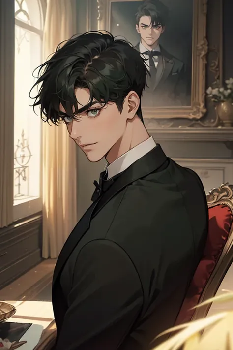 ((a young man in a black suit and tie)), taken in the early 2020s, gotham, alejandro, he looks very sophisticated, (((left side swept bang black short hair))), (dark green eyes and thick eyebrows), smirk. ((20 years old)), ((Black suite and black tie)), ma...