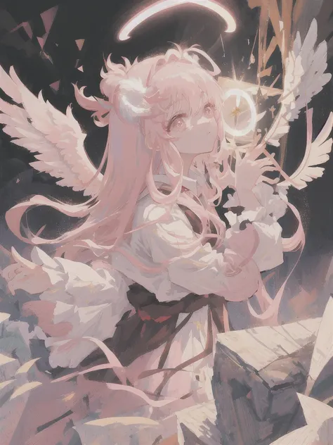 masterpiece, best quality, ultra-detailed, illustration, close-up, straight on, face focus, 1girl, white long hair, dark pink eyes, long hair, halo, angel wings, serene expression, looking at viewer