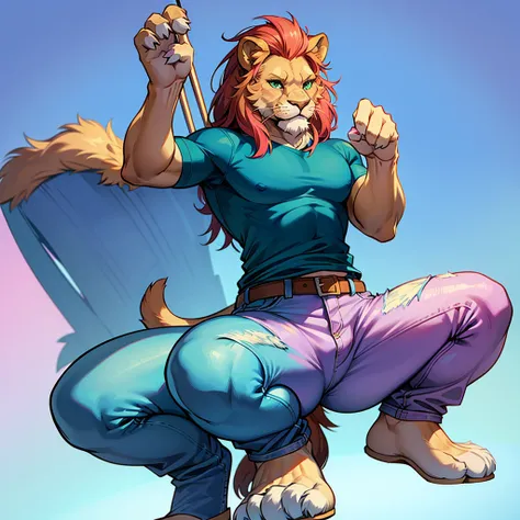 Male lion furry squat pose legs open look front blue pink background green eyes blue pink background jeans and blue shirts tail