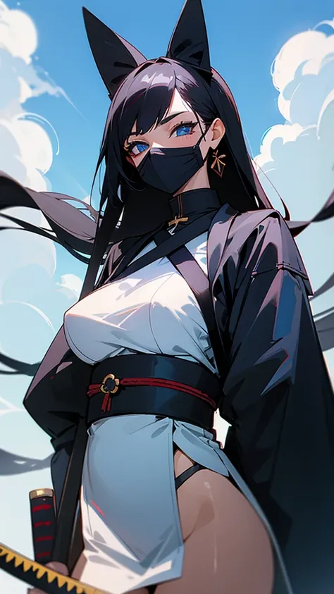 Masterpiece, one women, katana, long hair, mask, blue eyes, black hair, blue sky, k8, big booby