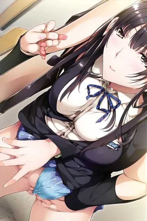 (8k, RAW Photos, Highest quality, masterpiece:1.2),
1 girl,alone,Mature Woman,Black Hair,Brown eyes,Long Hair, chest, chestの谷間, Observe the audience,Quite embarrassing，(((school uniform)))，
,(((Put your hand in your panties))), (( Masturbating by touching ...