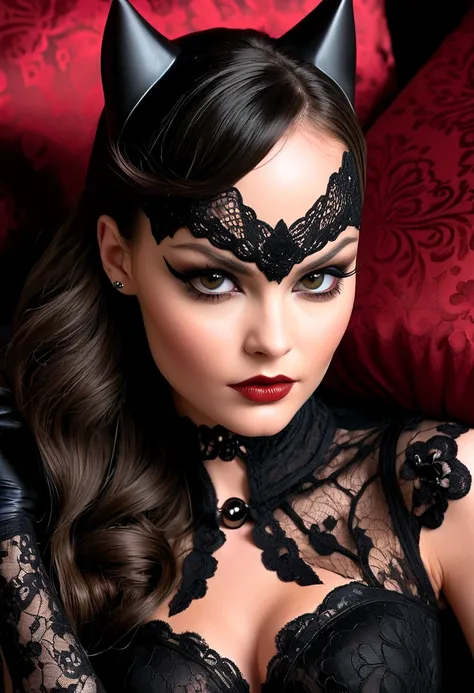 Tori Black lace catwoman, black hair, dark red glossy lips, heavy black eye shadow long black eyeliner black lace beautiful and creative sleeveless outfit, incredible and fantastic with no gaps face mask, forehead lace ornament, sharp claws posing on a sen...