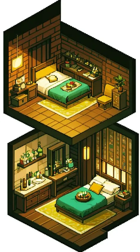 pixel, pixel, luxurious bedrooms, chandeliers and decorated salons, isometric perspective, simple background,