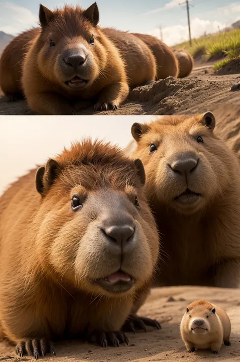 create an image of a happy and cute capybara accompanied by an angry female dinosaur 