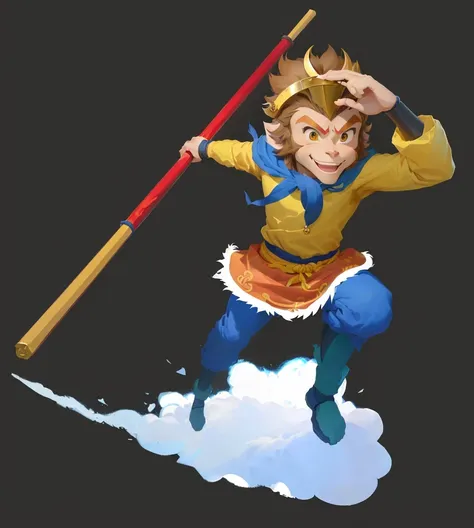 Cartoon illustration of a man holding a pole, sun wukong, wukong, Sun Wukong, Akira in Chinese mythology, mana in the air, Legendary god holding a spear, Smart monkey with long knife, hold head high, The character is flying, Holding a magic wand, Journey t...