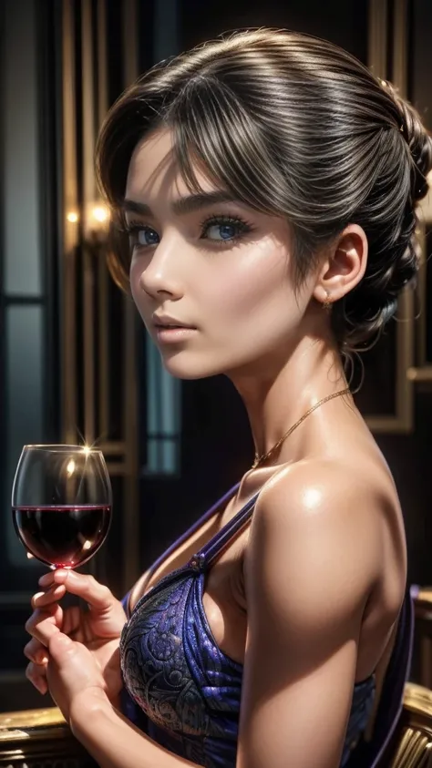 a woman in an evening dress, holding a glass of wine, seductive, detailed face, beautiful lips, long eyelashes, elegant pose, dramatic lighting, cinematic atmosphere, fantasy, oil painting, vibrant colors, warm tones, chiaroscuro, dramatic shadows, glowing...