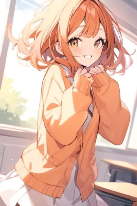 A beautiful girl with brown eyes, short ginger hair, wearing an orange cardigan, white skirt, sweet pose, smiling, in a classroom