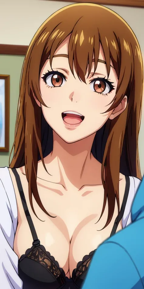 Medium breasts , black bra, panties, Busty, best quality, (masterpiece:1.2), highly detailed, street,
1girl,  kotegawa nanaka, looking at viewer, slight smile, open mouth, brown eyes, long hair, indoor, room, bedroom, wardrobe, close up