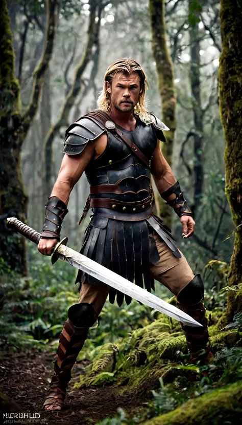 Chris Hemsworth, long blonde hair, dressed in gladiator armor, carries a sword in his hand, (fighting a barbarian, savage), in a forest, (his entire body can be seen) epic image, dark image, noir image, , ethereal image, gloomy atmosphere. highly detailed ...