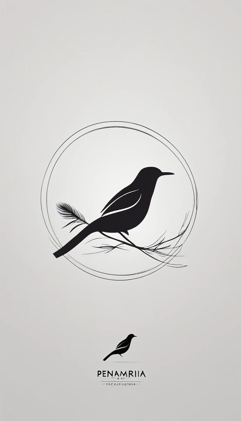 A minimal, modern, simple, cinematic logo design for the brand “Penamemoria". Create a modern, minimalistic, high-quality, logo of a bird with special and thin threads as tail. Bird, feather and boy guitarist
