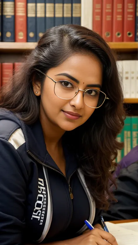 extreme closeup photo of ntg avika gor seductive look, deep cleavage, studying in library, nerd glasses, open jacket,