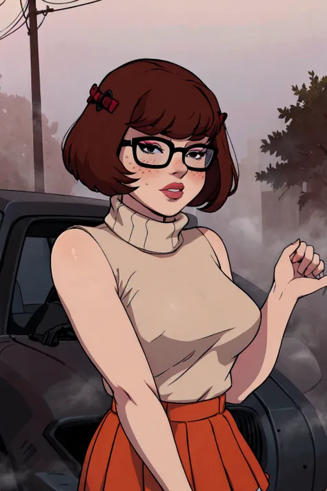 1girl, velma from scooby-doo, solo, skinny, brown hair, black eyes, square glasses, orange turtleneck blouse and red skirt,  eye...