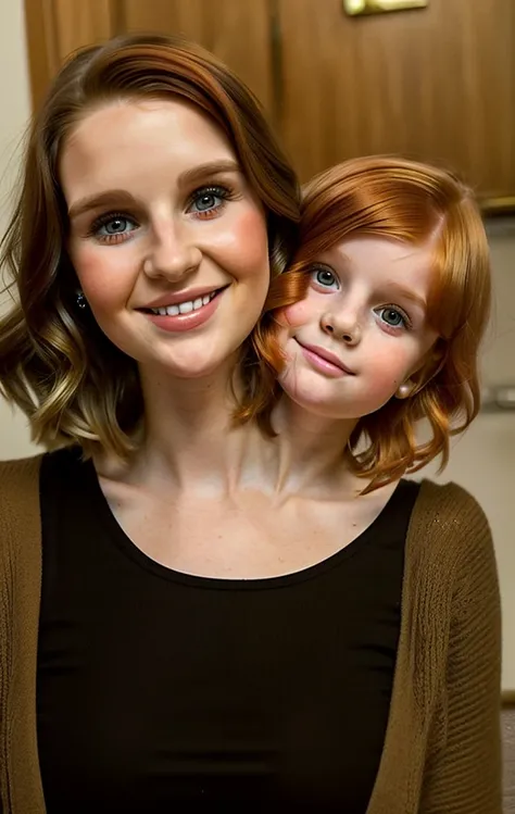 2heads, mom and daughter, (a 25 year old woman and a 5 year old girl:1.5), (female:1.5), (a blonde and a redhead:1.4)