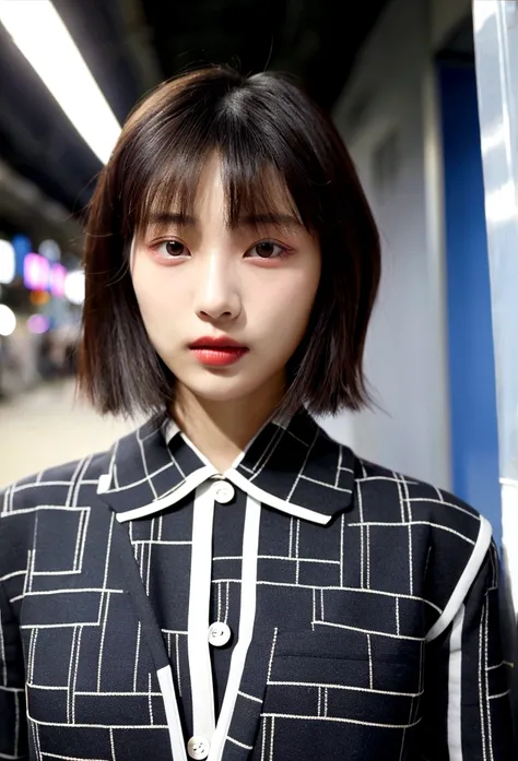 Korean model sporting stylishly cropped haircut, decorated with graphical patterns illuminating her eyes, pose inspired by the high-fashion editorial, flawless skin radiating under natural light, dressed in avant-garde couture, surrounded by the subtly twi...