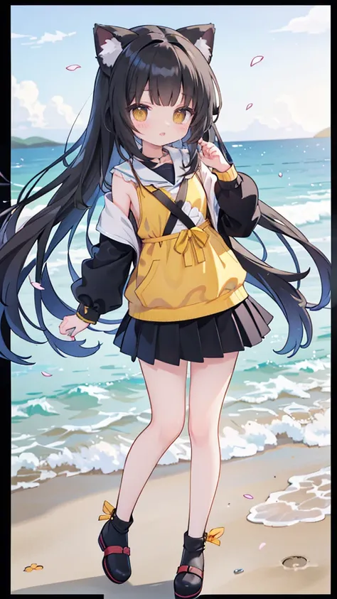 坐At the beach上豎起貓咪耳朵的動漫女孩，seductive anime girl，Have black hair，Yellow eyes，，Beautiful anime女孩，Cute anime girl，Anime cute art style，Cute anime waifu wearing black clothes，Black mini skirt，非常Beautiful anime貓女孩，At the beach，Beautiful anime女孩，Beautiful anime，B...