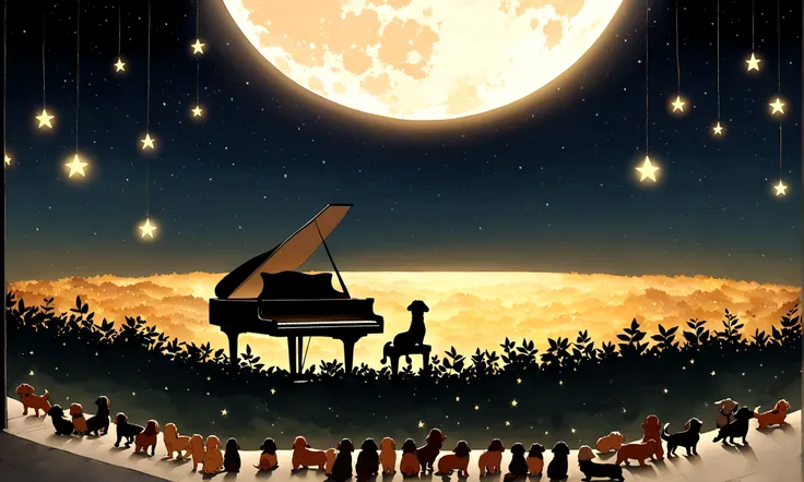 Create a Ghibli-inspired image featuring a small brown miniature dachshund sleeping peacefully. The dog is small in the scene, surrounded by vast, mystical nature. A grand piano is nearby, under a night sky filled with stars and a bright moon. The scenery ...