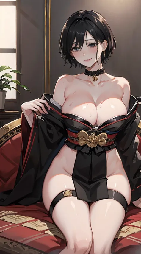 (Masterpiece), best quality, expressive eyes, perfect encounter, bottom, thigh, collarbone, bare shoulders, big , Sweating, rift ,kimono,, short hair, black hair, smile, , black eyes, sofa, choker, Body cream