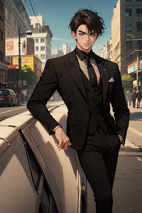 ((a young man in a black suit and tie)), taken in the early 2020s, gotham, alejandro, he looks very sophisticated, (((left side swept bang black short hair))), (dark green eyes and thick eyebrows), smirk. ((20 years old)), ((Black suite and black tie)), ma...