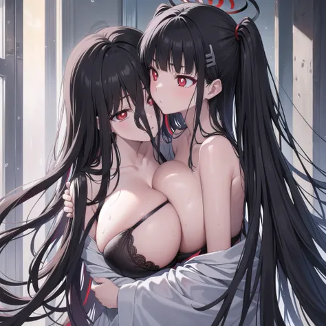 riotsukatsuki, rio, black hair, (red eyes:1.5), hair ornament, hairclip, halo, long hair,
、Extremely large breasts(4700)、 Huge 、Two people hugging each other、lingerie、Wet body