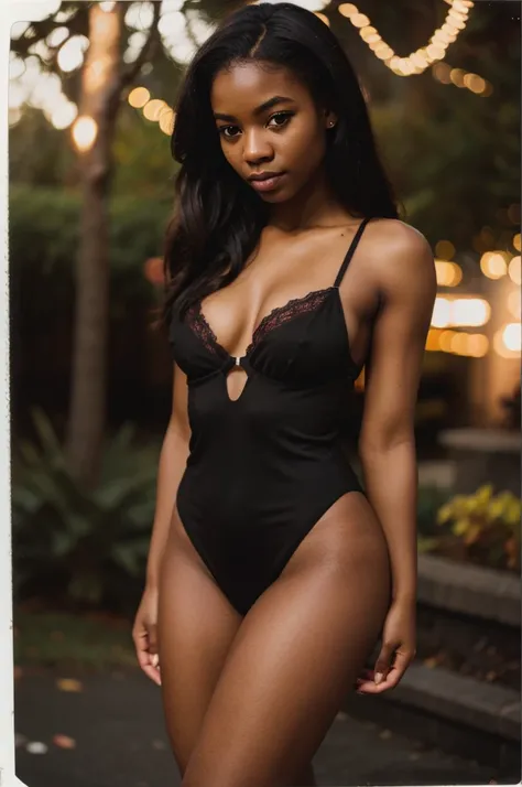 polaroid photo, night photo, photo of 21 y.o. black skin woman with honey color eyes, pale skin, bokeh, motion blur, tight red mini dress, lifting her dress, black lace thong under